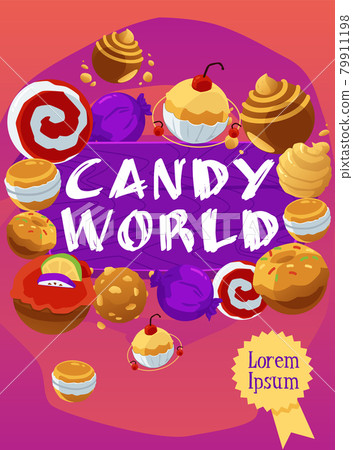 Candy sweet world and food planets poster or card, flat vector illustration. Candy sweet world and food planets poster or card, flat vector illustration. 79911198