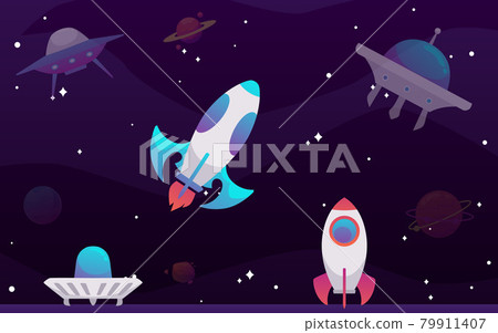 Banner with ufo spaceships flying in galaxy... - Stock Illustration ...