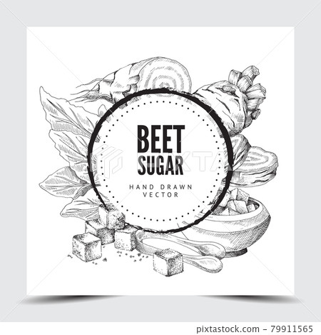 Black and white hand drawn vector illustration round frame or background with beet sugar and kitchenware for sugar. Black and white hand drawn vector illustration round frame or background with beet sugar and kitchenware for sugar. 79911565