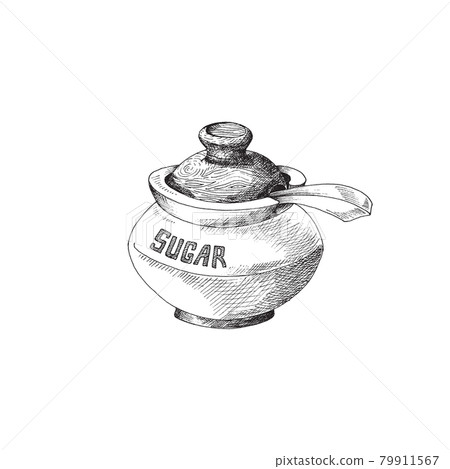 Sugar bowl in engraving style for menu or cafe, vector illustration isolated. Sugar bowl in engraving style for menu or cafe, vector illustration isolated. 79911567