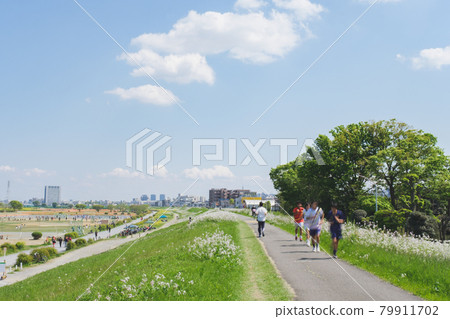 神奈川縣川崎市多摩川沿岸的城市景觀與河床遊樂場 神奈川縣川崎市多摩川沿岸的城市景觀與河床遊樂場 79911702