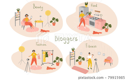 Set of female bloggers and vloggers characters making internet content. Women creating video for their blog channel. Influencers shooting vlog. Vector flat cartoon illustration Set of female bloggers and vloggers characters making internet content. Women creating video for their blog channel. Influencers shooting vlog. Vector flat cartoon illustration 79915985