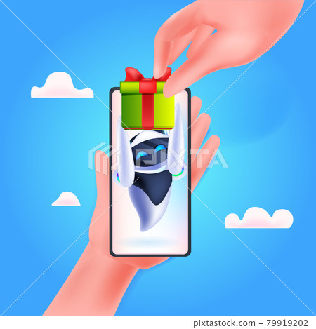 modern robot with wrapped gift box on smartphone screen birthday or holiday celebration artificial intelligence concept modern robot with wrapped gift box on smartphone screen birthday or holiday celebration artificial intelligence concept 79919202