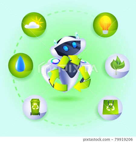 modern robot with recycle waste eco friendly icons artificial intelligence save planet environmental protection concept 79919206