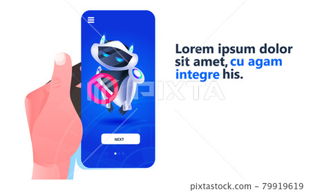 modern robot with prohibition sign running out of charge artificial intelligence technology charging concept modern robot with prohibition sign running out of charge artificial intelligence technology charging concept 79919619