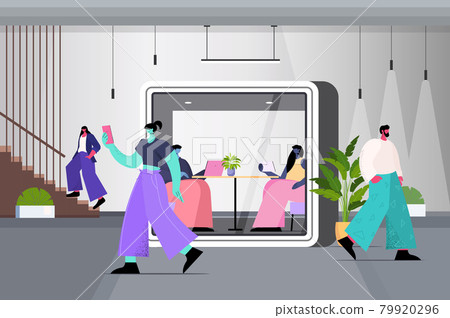 businesspeople working in protective glass cabins modern office interior horizontal businesspeople working in protective glass cabins modern office interior horizontal 79920296