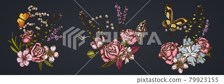 Flower bouquet of colored shepherd s purse, heather, iris japonica, sakura, gypsophila, almond Flower bouquet of colored shepherd s purse, heather, iris japonica, sakura, gypsophila, almond 79923155