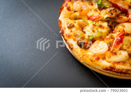seafood pizza on wood tray 79923601