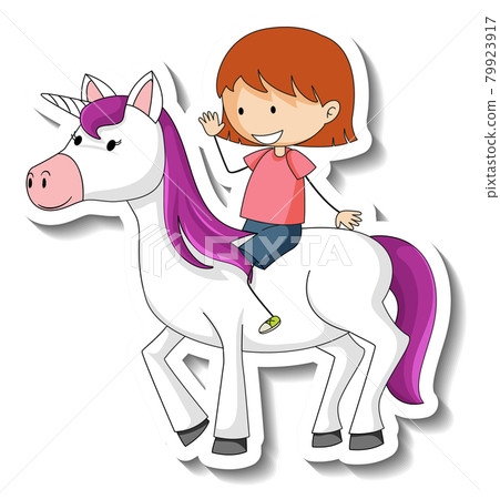 Cute stickers with a little girl riding a unicorn cartoon character Cute stickers with a little girl riding a unicorn cartoon character 79923917