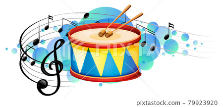 Snare drum percussion instrument with melody symbols on sky blue splotch Snare drum percussion instrument with melody symbols on sky blue splotch 79923920