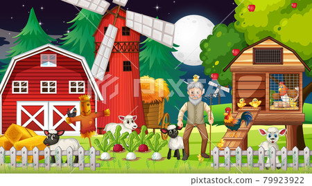 Farm at night scene with old farmer man and farm animals Farm at night scene with old farmer man and farm animals 79923922