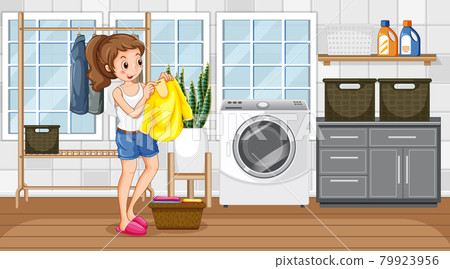 Laundry room scene with a woman drying her clothes Laundry room scene with a woman drying her clothes 79923956