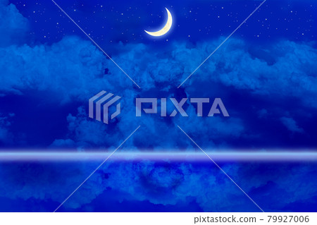 Crescent moon and clouds reflected on the surface of the water at night Crescent moon and clouds reflected on the surface of the water at night 79927006