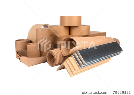 Paper packaging - cardboard edge protectors with alu paper, cardboard boxes, rolls of paper, paper tubes, packaging scotch tape, sheets of cardboard isolated. Sustainable packaging concept Paper packaging - cardboard edge protectors with alu paper, cardboard boxes, rolls of paper, paper tubes, packaging scotch tape, sheets of cardboard isolated. Sustainable packaging concept 79929351