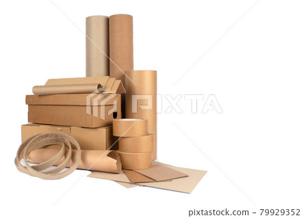 Set of different cardboard boxes, rolls of paper, paper edge protectors and tubes, sheets of paper and cardboard isolated for your presentation, catalogue or website. Sustainable packaging concept Set of different cardboard boxes, rolls of paper, paper edge protectors and tubes, sheets of paper and cardboard isolated for your presentation, catalogue or website. Sustainable packaging concept 79929352