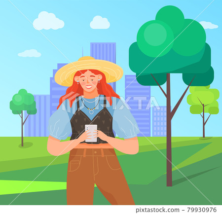 Woman with smartphone is communicating on abstract background. Girl chatting online via internet 79930976