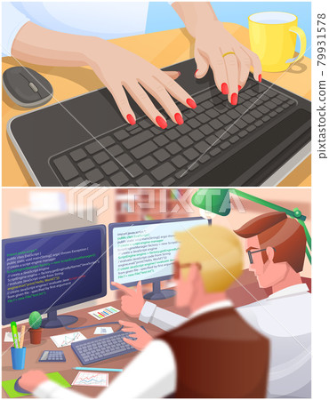 Business scenes set with programmers write program code, discussion people, hands typing on keyboard 79931578