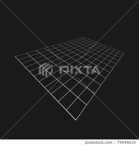 Retrofuturistic perspective grid at an angle. Cyberpunk design element. Perspective grid in cyber 80s style. Cyber geometry for poster, cover, merch in retrowave style. Vector 79948610