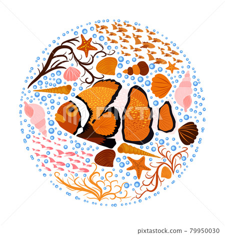 Orange bright sea dweller clown fish surrounded by seashells, fish, seaweed, hand drawn 79950030