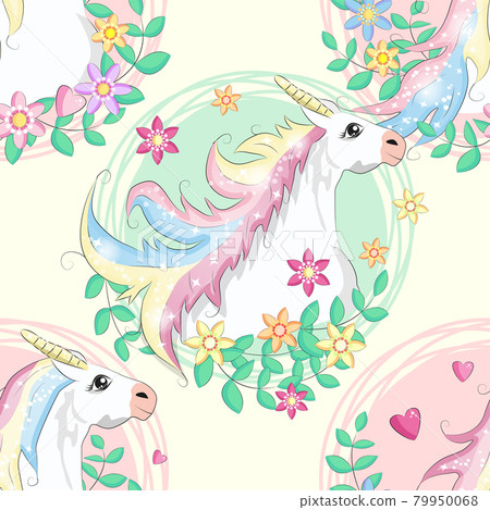 Doodle unicorn pattern for textile design. Animal cartoon. Ditsy print. Trendy seamless pattern. Fabric pattern. 79950068