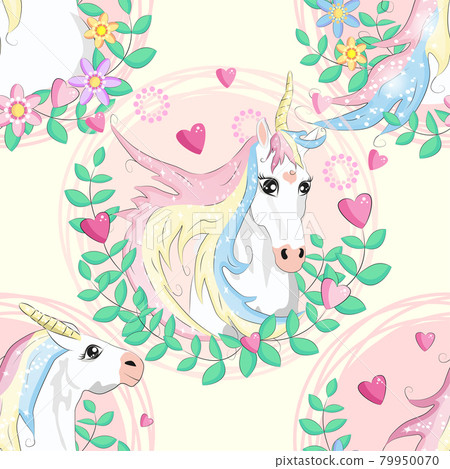 Doodle unicorn pattern for textile design. Animal cartoon. Ditsy print. Trendy seamless pattern. Fabric pattern. 79950070