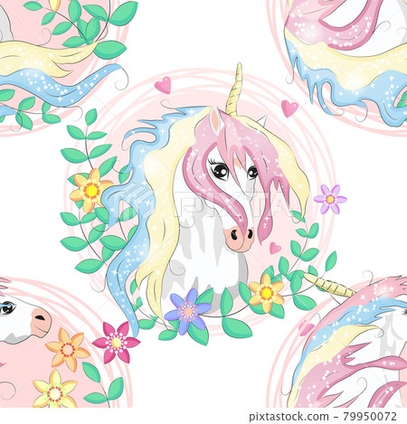 Doodle unicorn pattern for textile design. Animal cartoon. Ditsy print. Trendy seamless pattern. Fabric pattern. 79950072