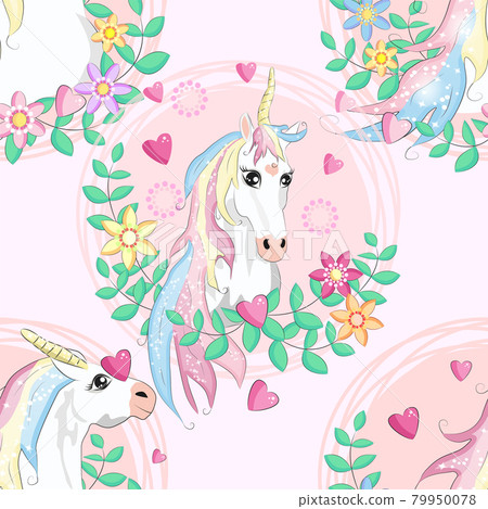 Doodle unicorn pattern for textile design. Animal cartoon. Ditsy print. Trendy seamless pattern. Fabric pattern. 79950078