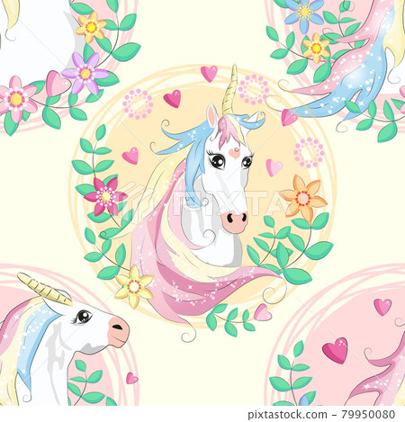 Doodle unicorn pattern for textile design. Animal cartoon. Ditsy print. Trendy seamless pattern. Fabric pattern. 79950080