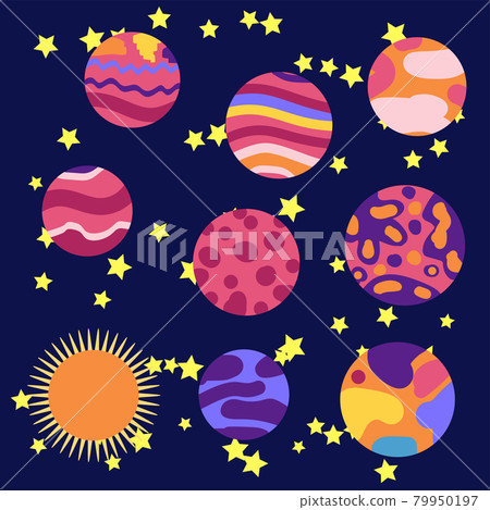 Space cartoon icons set. Planets, rockets, ufo elements on cosmic background. Space cartoon icons set. Planets, rockets, ufo elements on cosmic background. 79950197