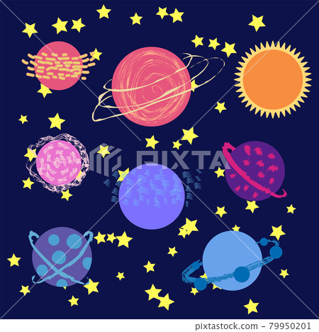 Space cartoon icons set. Planets, rockets, ufo elements on cosmic background. Space cartoon icons set. Planets, rockets, ufo elements on cosmic background. 79950201