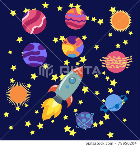 Space cartoon icons set. Planets, rockets, ufo elements on cosmic background. Space cartoon icons set. Planets, rockets, ufo elements on cosmic background. 79950204