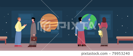 Planetarium exhibit hall interior with visitors, cartoon vector illustration. 79953240
