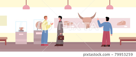 Visitors watching exhibition in museum of ancient art flat vector illustration. Visitors watching exhibition in museum of ancient art flat vector illustration. 79953259