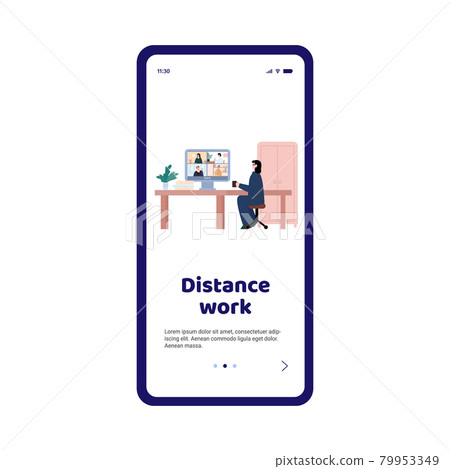 Mobile onboarding page on topic of distance work, cartoon vector illustration. Mobile onboarding page on topic of distance work, cartoon vector illustration. 79953349