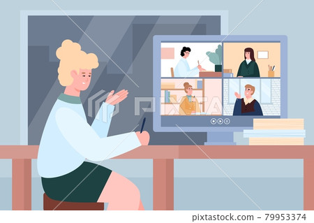 Woman taking part in webinar or online conference, flat vector illustration. Woman taking part in webinar or online conference, flat vector illustration. 79953374