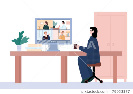 Businesswoman participate in an online video conference via internet technology. Businesswoman participate in an online video conference via internet technology. 79953377