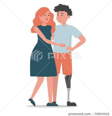 Man with prosthetic leg hugs woman isolated 79954420