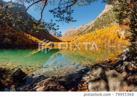 Mountain lake with transparent water and colorful autumnal trees. Mountain lake with transparent water and colorful autumnal trees. 79955368