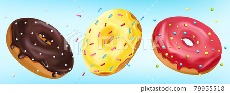 Falling glazed sweet donuts on blue background. Realistic Colorful donuts with pink, chocolate, yellow icing with sprinkle. Vector illustration Falling glazed sweet donuts on blue background. Realistic Colorful donuts with pink, chocolate, yellow icing with sprinkle. Vector illustration 79955518