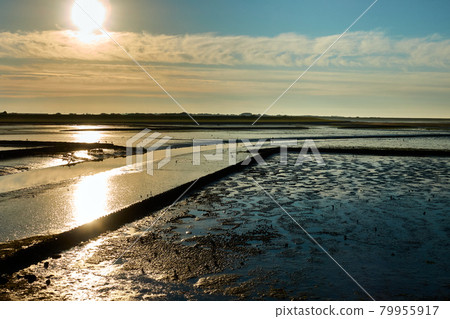 Wadden Sea of the North Sea with the sun above the clouds and view over the silt on the mainland, Sylt, Germany Wadden Sea of the North Sea with the sun above the clouds and view over the silt on the mainland, Sylt, Germany 79955917