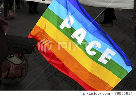 Rainbow flag with the Italian inscription Pace, translates as peace Rainbow flag with the Italian inscription Pace, translates as peace 79955934