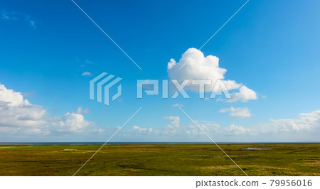 White clouds in the blue sky above the monotonous flat landscape of the North German coast in Friesland White clouds in the blue sky above the monotonous flat landscape of the North German coast in Friesland 79956016