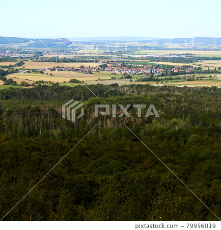 View over the dense green forest in the Harz Mountains to a village near Bad Harzburg with wind turbines in the background View over the dense green forest in the Harz Mountains to a village near Bad Harzburg with wind turbines in the background 79956019