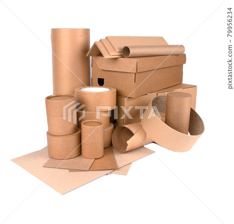 Square composition with paper tubes, cardboard boxes, rolls of paper, paper edge protectors, sheets of paper and cardboard isolated for your presentation or website. Sustainable packaging concept 79956234