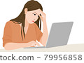 A woman troubled in front of a personal computer 79956858