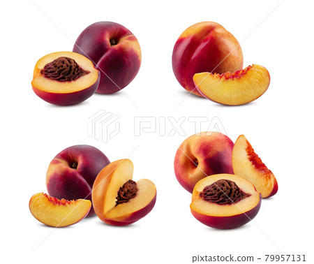 Set of smooth-skinned whole nectarines and parts with kernels and without them isolated on white background with copy space. Close-up. Set of smooth-skinned whole nectarines and parts with kernels and without them isolated on white background with copy space. Close-up. 79957131