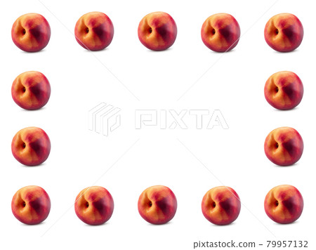 Smooth-skinned nectarines are located around the perimeter of the photo, isolated on white background with copy space for text or images. Close-up. Smooth-skinned nectarines are located around the perimeter of the photo, isolated on white background with copy space for text or images. Close-up. 79957132