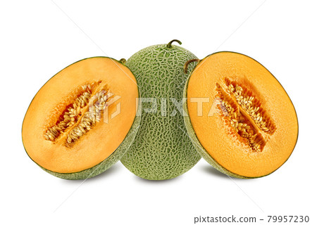 Delicious cantaloupe melon in a cross-section, isolated on white background with copy space for text or images. Side view. Close-up shot. Delicious cantaloupe melon in a cross-section, isolated on white background with copy space for text or images. Side view. Close-up shot. 79957230