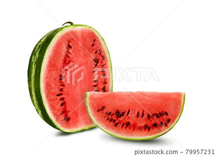 Green, striped watermelon with slice isolated on white, copy space for text, images. Cross-section. Berry with pink flesh, black seeds. Close-up. Green, striped watermelon with slice isolated on white, copy space for text, images. Cross-section. Berry with pink flesh, black seeds. Close-up. 79957231