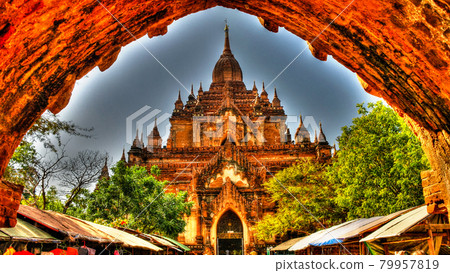 View to Htilominlo temple at the dawn. Bagan Myanmar View to Htilominlo temple at the dawn. Bagan Myanmar 79957819